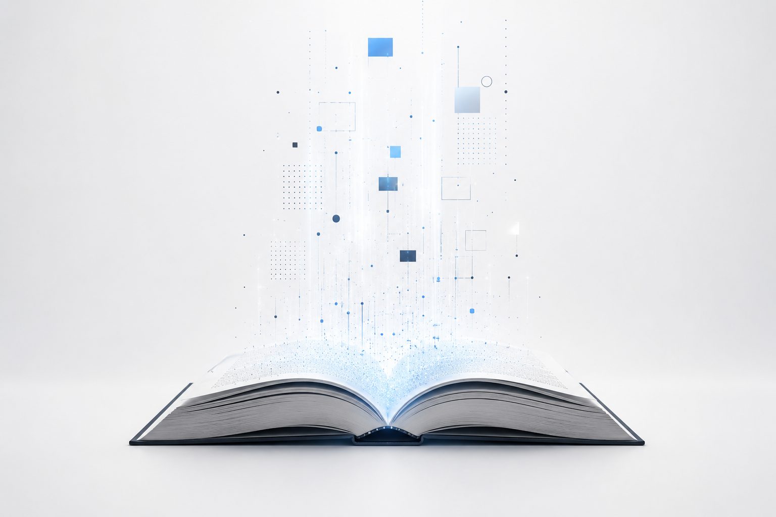 Aufgeschlagenes Gesetzbuch, aus dem digitale Datenpunkte aufsteigen